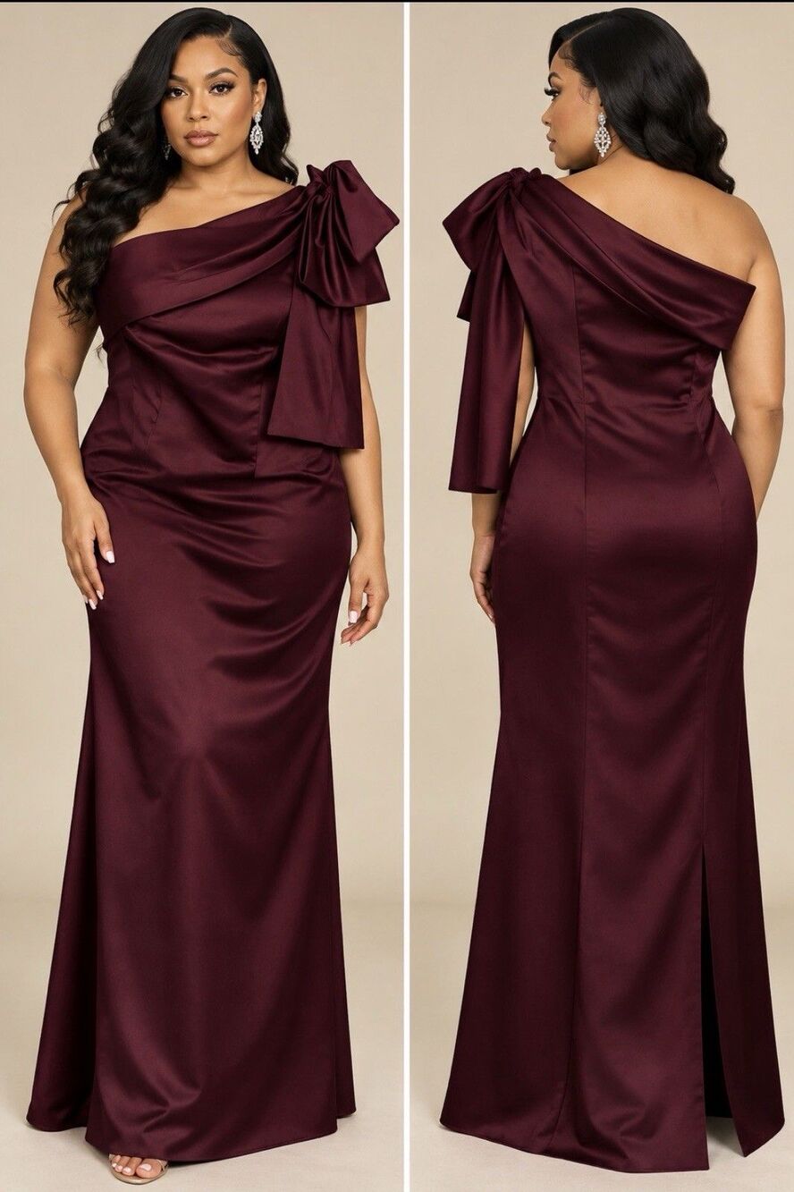 Monevelli Carbernet One Shoulder Bow Detail Satin Formal Gown Women Size 12